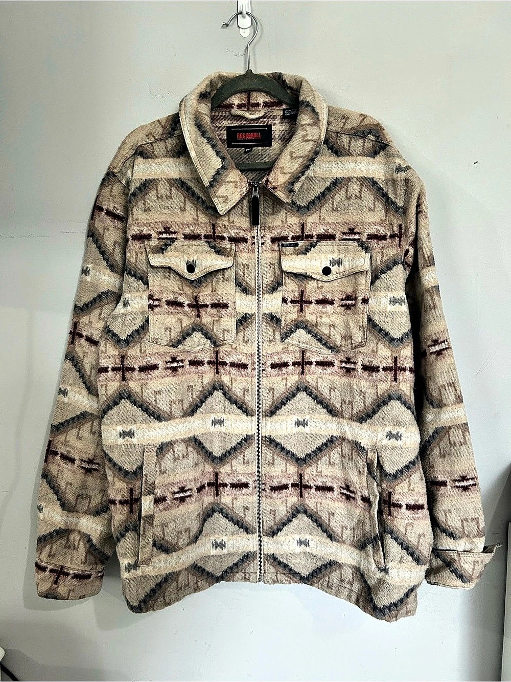 Rock & Roll Denim Men's Geometric Jacket Brown & Cream XXL Like New
